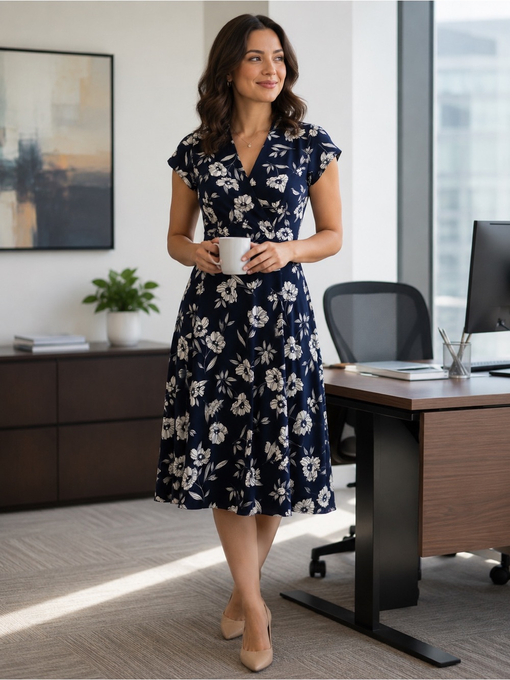 Ann Taylor Navy Floral Wrap-Style Midi Dress